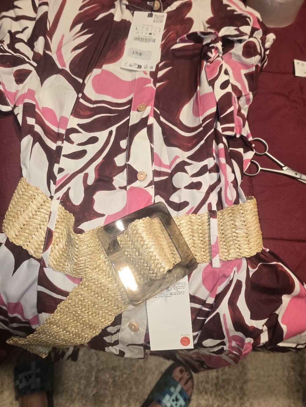 Zara Burgundy and Pink Patterned Midi Dress - Picture 6 of 7